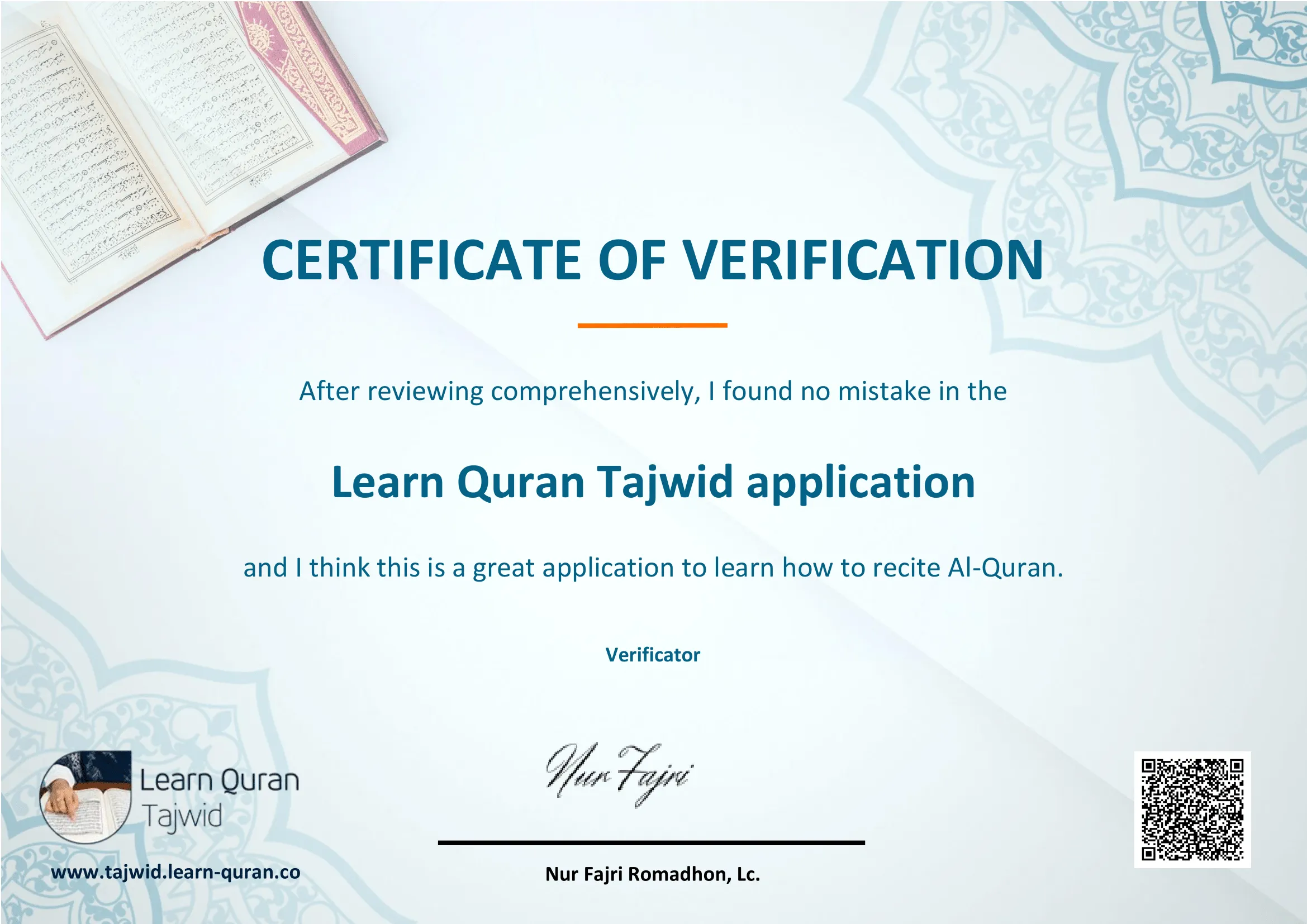 Verification certificate from Nur Fajri Romadhon — English