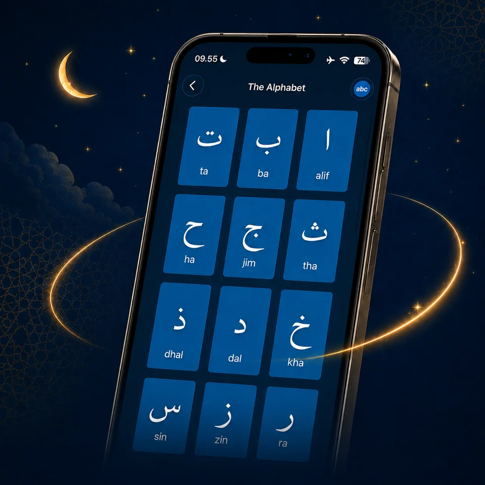 Learn Quran Tajwid alphabet lesson displayed on a phone
